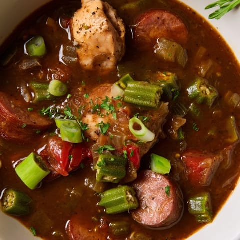 A steaming bowl of comforting Gumbo Okra Soup, garnished with fresh herbs, and a side of rice.