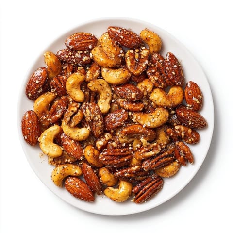 A bowl of freshly roasted Spiced Nuts Mix, featuring almonds, cashews, and pecans with a sweet and savory spice blend.  