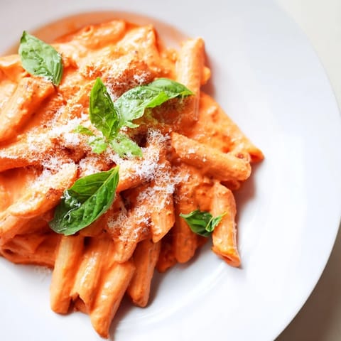 Steaming Roasted Red Pepper Pasta in a white bowl, featuring tender noodles tossed in a velvety sauce made from sweet roasted peppers.  