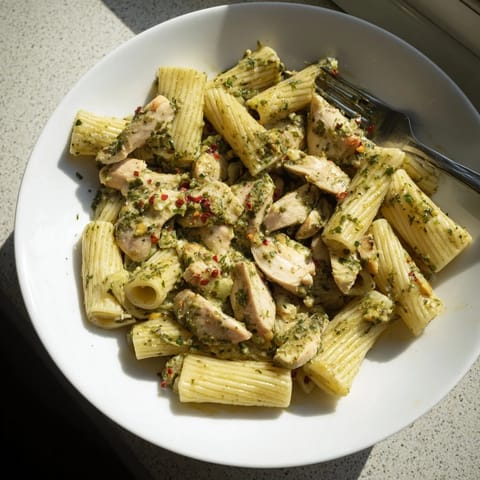 Fresh parsley and garlic aromas suggest a lively fusion of Argentinian and Italian flavors in this chimichurri chicken pasta.