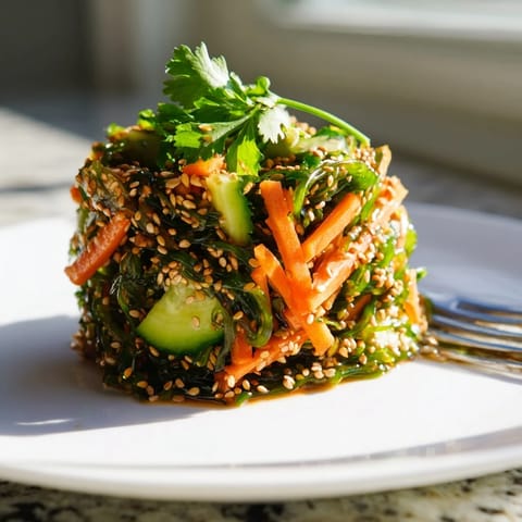 A close-up of Seaweed Salad showcasing rehydrated wakame, sliced scallions, and a sprinkle of toasted sesame seeds for a crunchy, savory bite.  