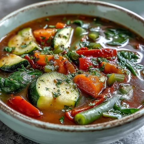 A close-up of vibrant Italian Herb Vegetable Soup with colorful vegetables and a bay leaf.