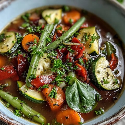 Steaming Italian Herb Vegetable Soup in a rustic bowl, garnished with fresh parsley and spinach.