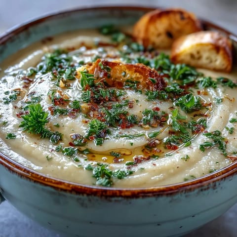 Creamy garlic and herb soup garnished with fresh parsley, served steaming in a rustic white bowl.