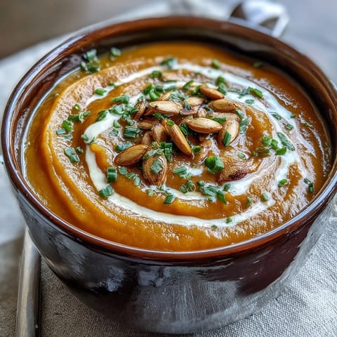 Creamy Acorn Squash Soup in a rustic bowl garnished with pumpkin seeds and fresh chives for a cozy autumn meal.