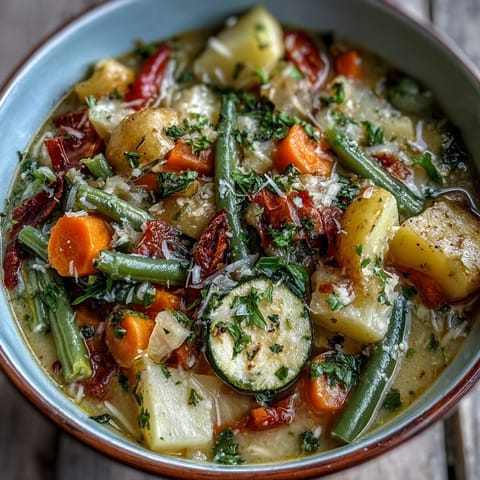 Creamy Parmesan Veggie Soup simmering with carrots, zucchini, and green beans in a rustic pot.