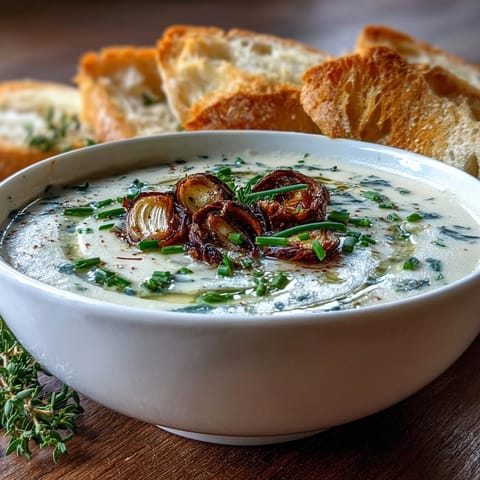 Roasted Garlic and Herb Soup in a rustic bowl, garnished with fresh parsley and chives, ready to enjoy.