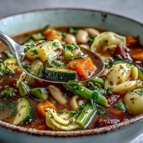 A steaming bowl of hearty Vegetable Minestrone soup with colorful chopped vegetables and tender pasta in a rustic bowl.