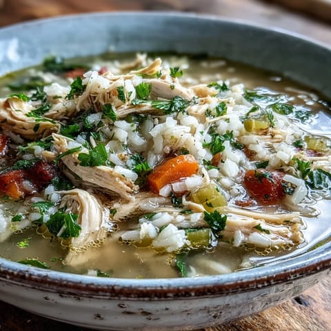 Steaming bowl of Cozy Winter Chicken and Rice Soup with tender shredded chicken, carrots, and celery in a creamy broth.
