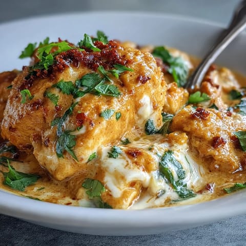 Spoon dipping into Easy Chicken Curry, revealing tender chicken in a rich, creamy tomato-based sauce infused with aromatic curry spices.