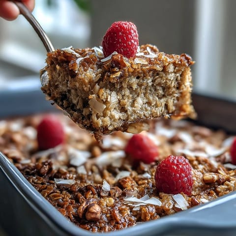 Golden-baked oatmeal with raspberry and coconut topped with fresh berries and coconut flakes.