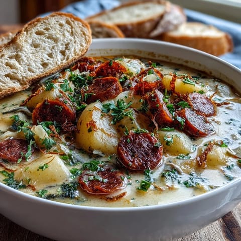 Hearty bowl of Potato, Leek and Chorizo Soup topped with crispy chorizo and fresh parsley, served with crusty bread.