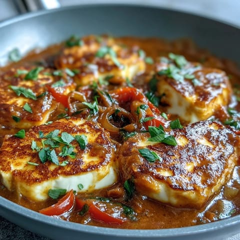 A scoop of steamed basmati rice rests beside the vibrant Halloumi and Tomato Curry, lemon wedges nearby.