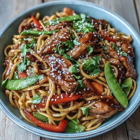 Delicious Pork Noodle Stir-Fry is piled high in a serving bowl, garnished with fresh cilantro and sesame seeds, ready for a busy weeknight dinner.