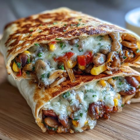 A close-up highlights a golden Veggie Burrito filled with sautéed mushrooms and black beans, topped with fresh cilantro.
