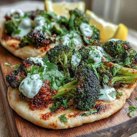 Vibrant Middle Eastern-inspired harissa broccoli and flatbreads, garnished with lemon wedges and creamy yogurt, perfect for a quick and satisfying vegetarian weeknight meal.