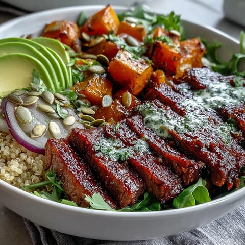 Golden roasted butternut squash steak bowls are topped with smoky steak, avocado, pepitas, and tangy cilantro dressing.