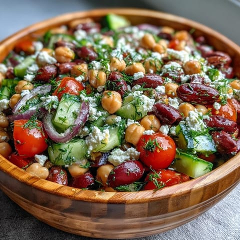 Freshly marinated beans in a zesty lemon-oregano dressing sit in a bowl, ready for the salad. The Greek Bean Salad is bursting with crisp cucumbers, sweet tomatoes, and crumbled feta cheese for a bright Mediterranean lunch.