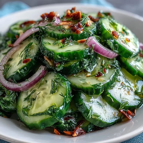 Brightly colored, thinly sliced cucumbers and red onions in a refreshing Crunchy Cucumber Salad, glistening with tangy vinegar dressing.