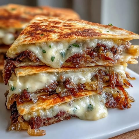 Crisp flour tortillas stuffed with juicy smashburger patties and sharp cheddar ready to slice into wedges.