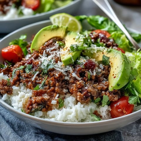 Sliced avocado, cherry tomatoes, and crisp romaine add color and crunch to the Low Carb Burrito Bowl.