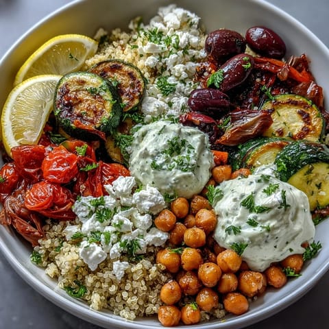 Golden roasted vegetables, fluffy quinoa, chickpeas, and creamy hummus piled high in a vibrant Mediterranean Buddha Bowl.