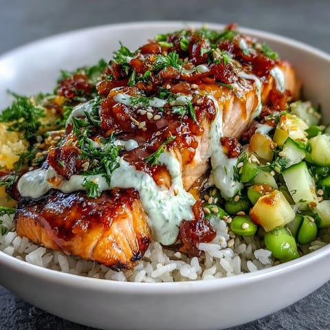Lime wedges and sesame seeds garnish this fresh Bang Bang Salmon Bowl, served beside crisp cucumber and edamame salsa.