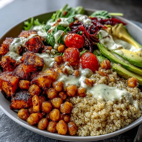 A close-up of a vegan Buddha Bowl with avocado slices, cherry tomatoes, and golden sweet potatoes ready for a healthy dinner.