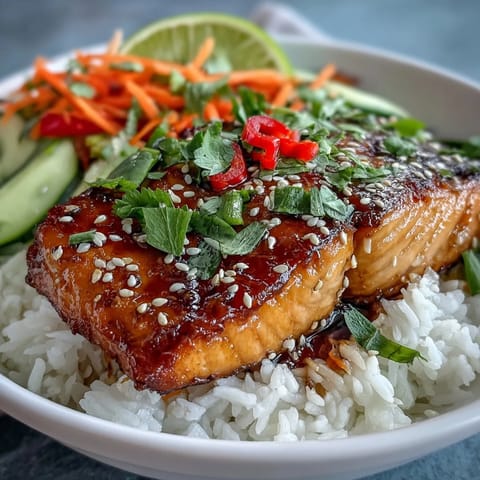 Fresh julienned carrots and edamame garnish this savory Asian-Inspired Salmon Bowl with sesame seeds.