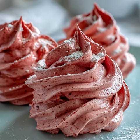 A close-up view of delicate Black Currant Meringues reveals a beautiful marbled interior and a light, airy texture on a white plate.