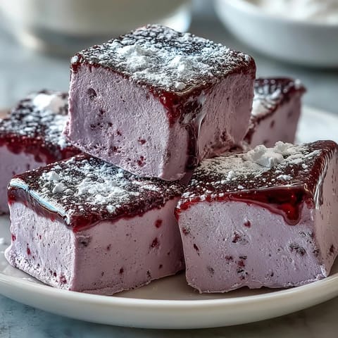 Homemade Black Currant Marshmallows being cut into squares on a board coated with sugar and cornstarch.