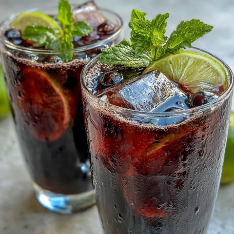 Bright purple Black Currant Mocktail in a tall glass, filled with ice cubes and topped with fresh mint sprigs and lime slices.