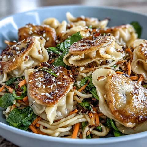 A close-up of Potsticker Noodle Bowls showcases pan-fried dumplings, sautéed spinach, and carrots in a savory sauce.