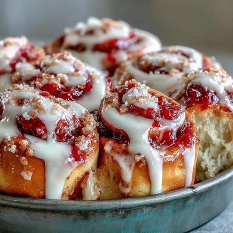 A warm Strawberry Cinnamon Roll is drizzled with creamy pink glaze, ready to be served as a sweet breakfast treat.
