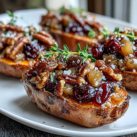 Warm Cranberry Apple Twice Baked Sweet Potatoes are filled with caramelized apples and tart cranberries for a cozy serving.