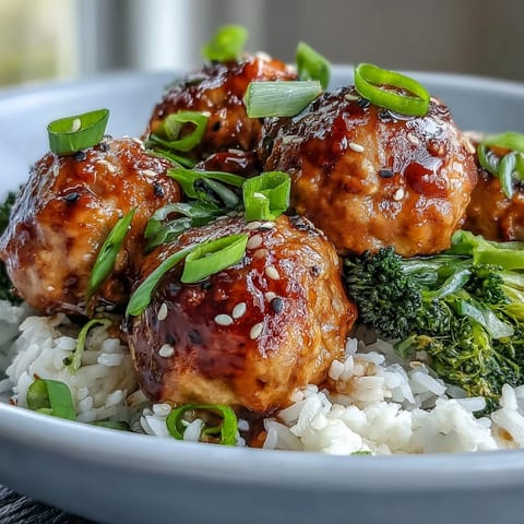 Baked Honey Garlic Turkey Meatballs piled in a bowl, garnished with sesame seeds and fresh green onions.