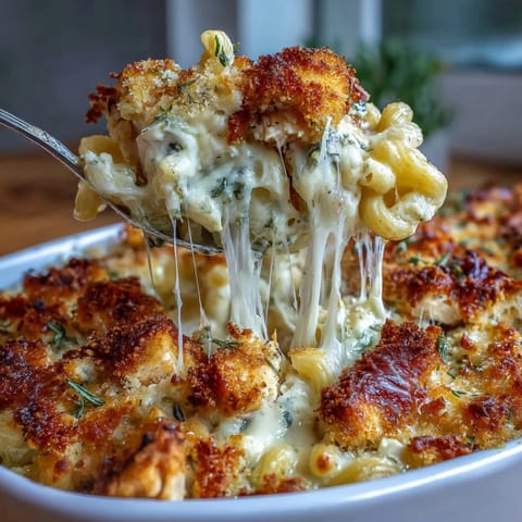 Golden, bubbling Baked Pesto Chicken Mac & Cheese served in a rustic dish, garnished with fresh basil and ready to serve.