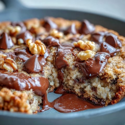 A warm, gooey Chunky Monkey Oatmeal Cookie Skillet topped with scoops of vanilla ice cream melting over the edges.