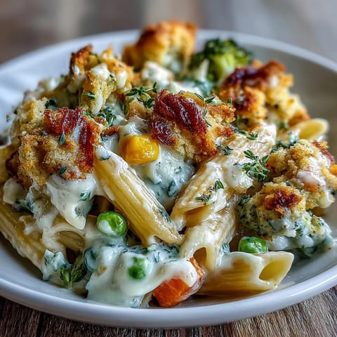 Fresh carrots, peas, and corn peek through the rich sauce in this comforting Creamy Veggie Pot Pie Pasta.