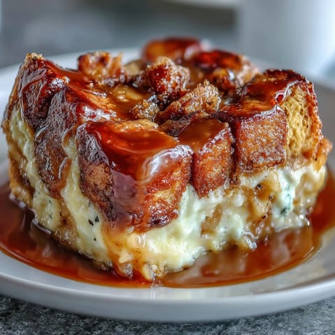 Warm Caramel Apple Cheesecake Bread Pudding with tender apple chunks, drizzled with sweet caramel sauce and served on a rustic plate.