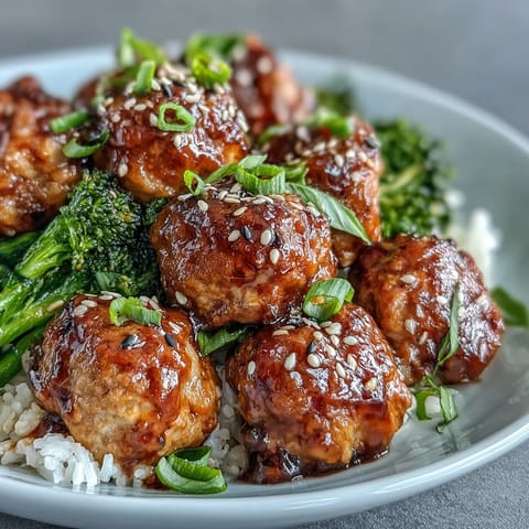 Juicy honey garlic turkey meatballs glazed in a sweet-savory sauce, nestled over fluffy rice with tender broccoli florets.