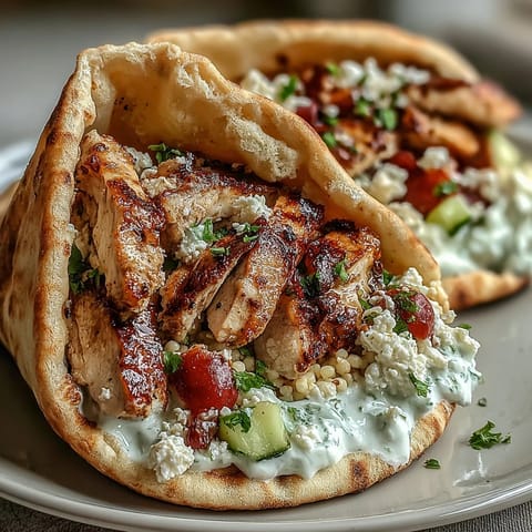 Juicy Greek Chicken Feta Stuffed Pitas layered with pearl couscous salad, tomatoes, cucumbers, and olives on a plate.