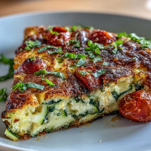 Fluffy Light Zucchini and Tomato Frittata with roasted zucchini and burst cherry tomatoes on a white plate, ideal for a low-carb brunch.