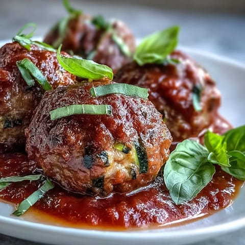 Golden-brown turkey and veggie meatballs simmering in bright red marinara, served over zucchini noodles.