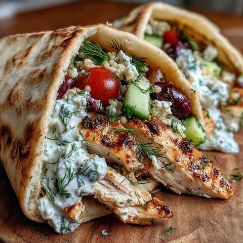 Greek Chicken Feta Stuffed Pitas brimming with pearl couscous salad, fresh veggies, and a dollop of dill yogurt sauce.