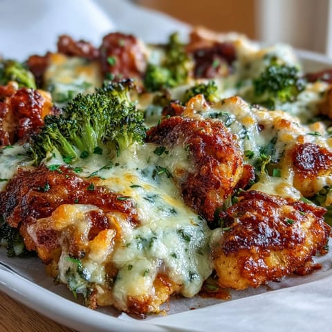 Golden, bubbling cheddar melts over juicy chicken breasts and tender broccoli on this Ranch Chicken & Broccoli Sheet Pan Melt, ready to serve.