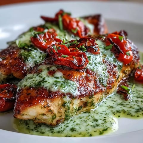 Keto creamy pesto chicken with roasted tomatoes, featuring tender seared chicken in a rich basil sauce, topped with sweet, caramelized cherry tomatoes.