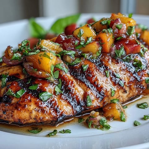 Grilled chicken breasts with vibrant peach basil salsa, juicy and flavorful for a summer dinner.
