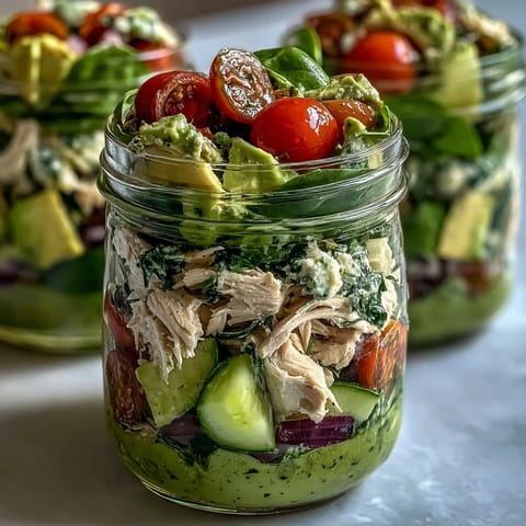 Layered mason jar keto avocado chicken salad featuring vibrant spinach, juicy tomatoes, crisp cucumber, and zesty lime dressing.