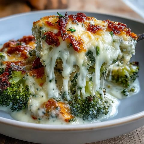 Creamy broccoli quinoa casserole with tender chicken, steamed broccoli, and melted cheese, perfect for gluten-free dinner.